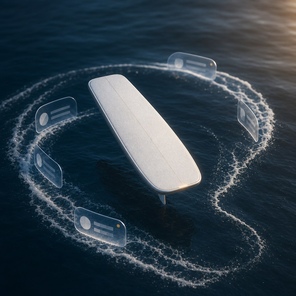 A surfboard-shaped assistant surrounded by task cards on dark ocean water